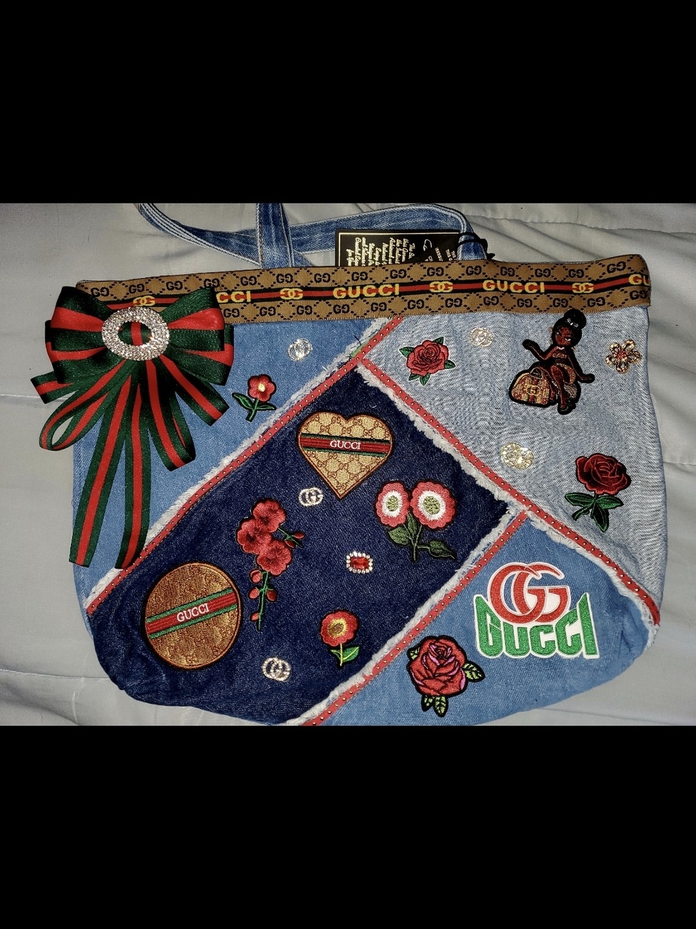 Custom Gucci + Multicolor Embroidered Denim Patchwork Tote with Signature Bow